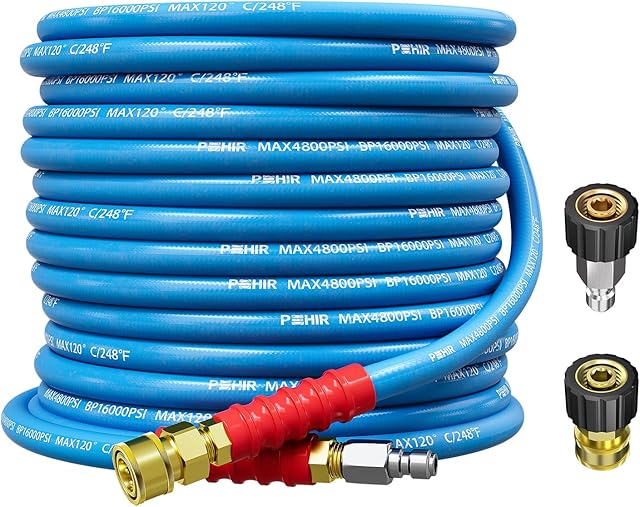 POHIR Pressure Washer Hose 50FT 3/8" for Cold & Hot Water (Up to 248) 4800 PSI Kink Resistant Industrial Grade Steel Wire Braided QC Ends with 2 M22-14mm to 3/8" Adapters for Professional and Home