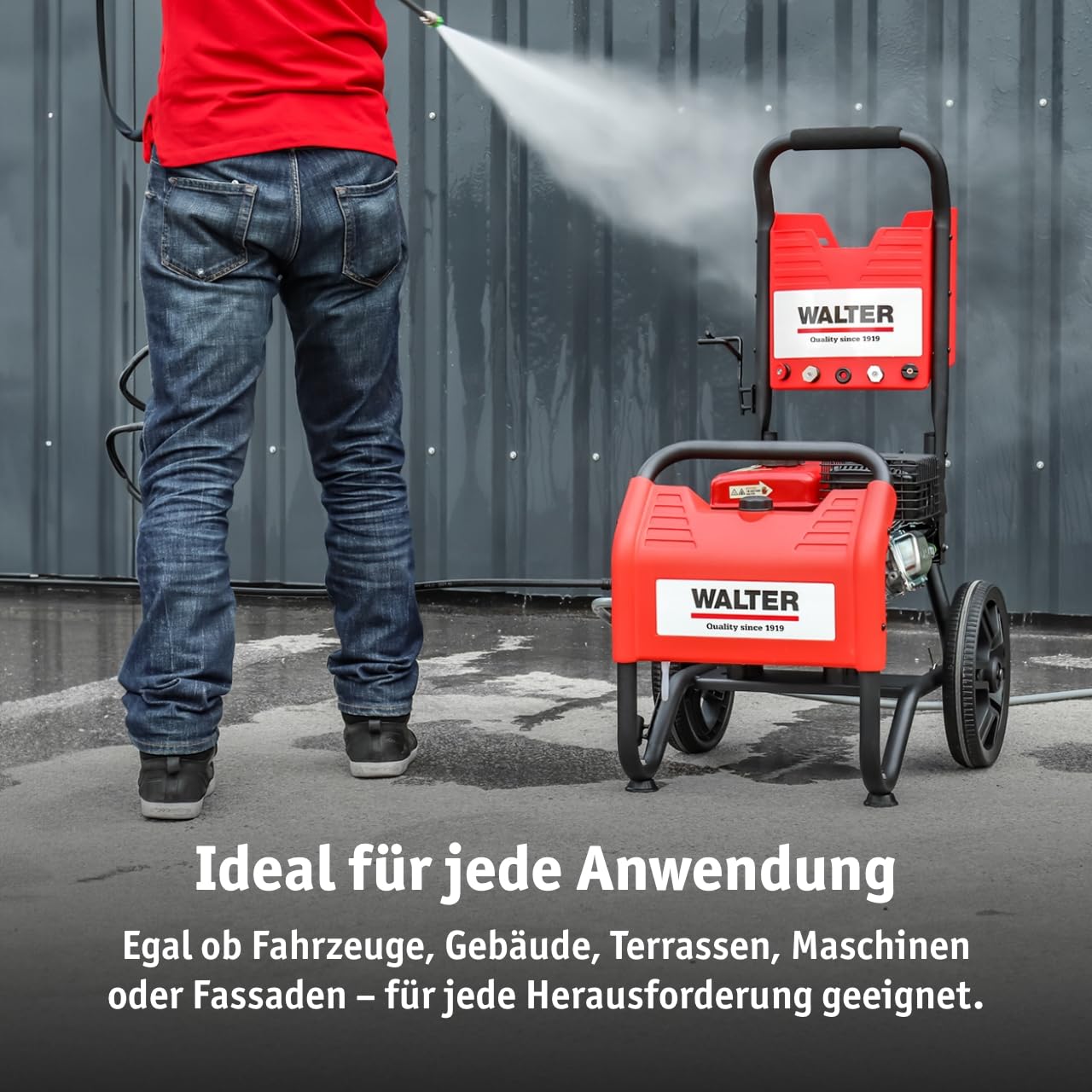 WALTER Benzin Hochdruckreiniger, Terrassenreinger, 250 bar, 7 PS Viertaktmotor, 208 CCM, inkl. Zubehör: 6m Hochdruckschlauch, 4m Ansaugschlauch, 5 Düsen, Vollgummiräder