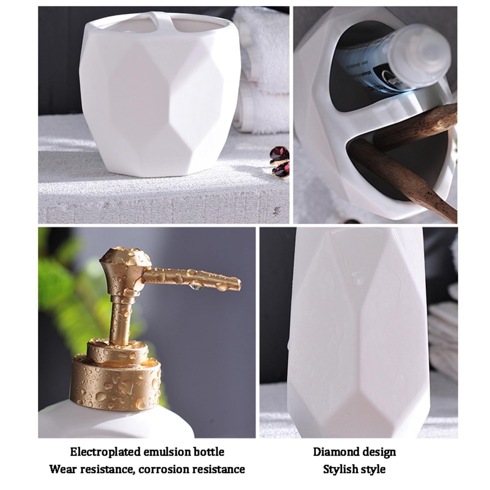 Set di accessori per il bagno Dispenser di sapone da 5 pezzi, organizer con portaspazzolino, bicchiere e piatto, decorazione costiera Arredamento per gli affittuari(White)
