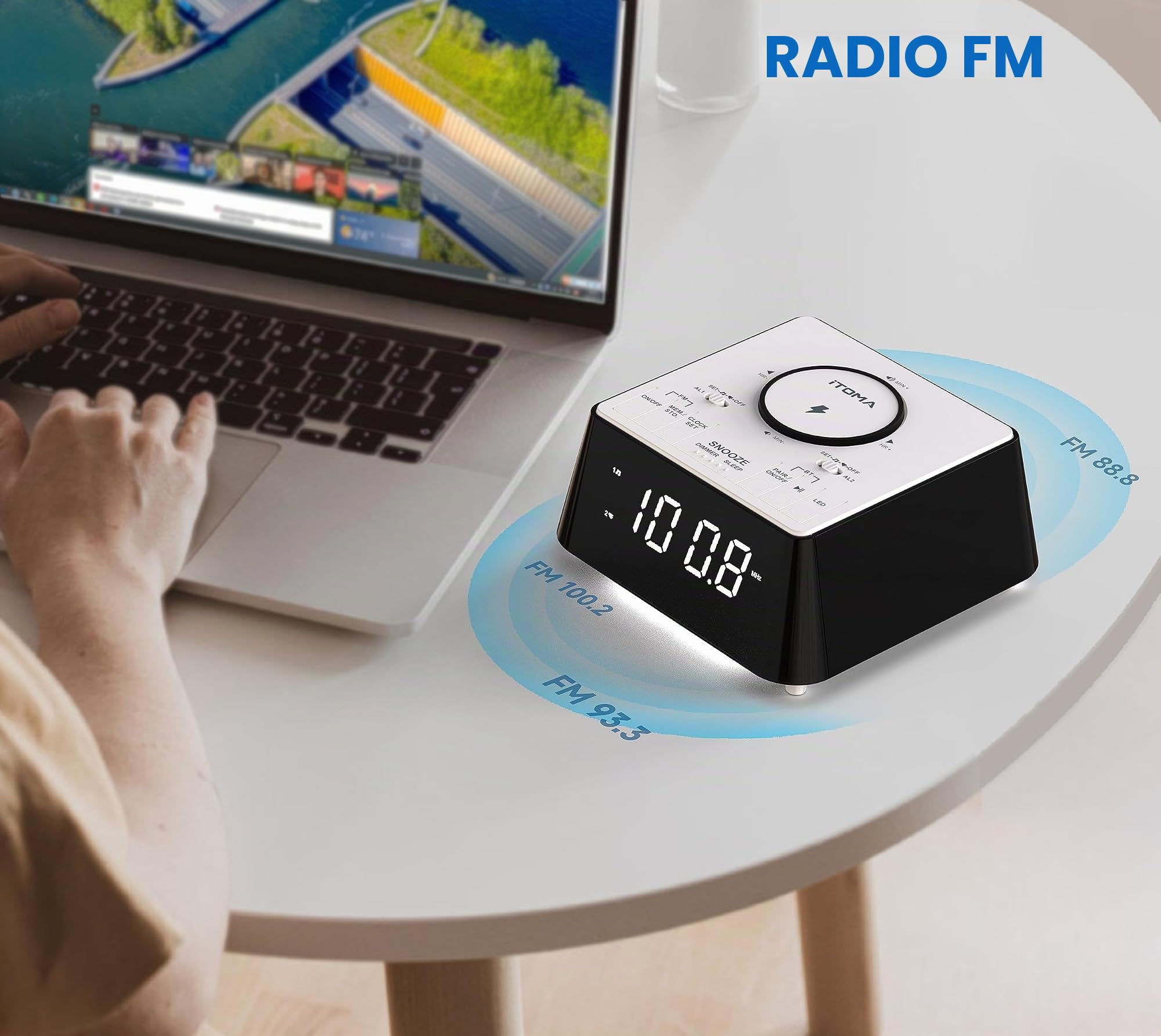 iTOMA Radiosveglia con Ricarica Wireless con Altoparlante Bluetooth, Radio FM da Comodino, Doppia Sveglia con Snooze, Ricarica USB, Luce Notturna e Display Dimmerabile 205