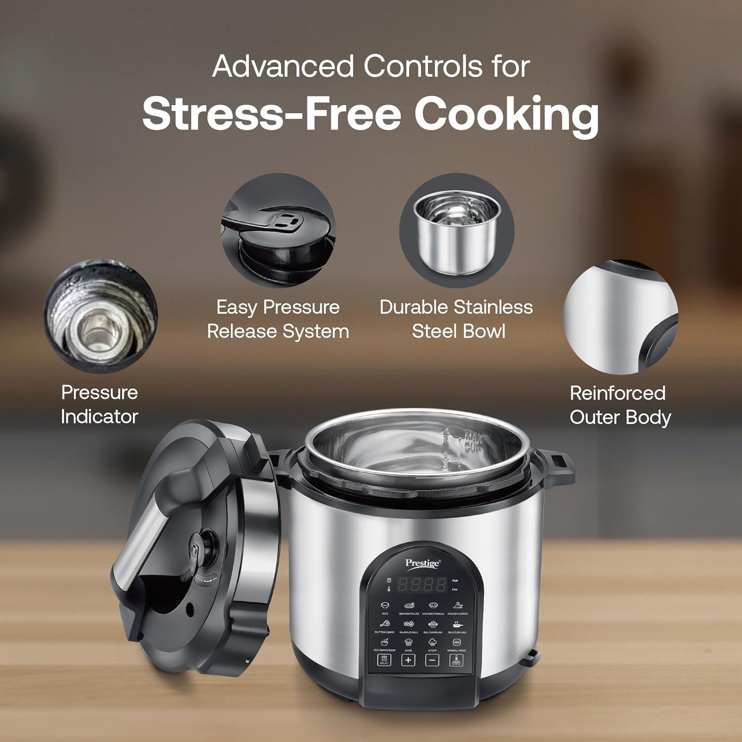 Internal components of Prestige Smart Cook Electric Cooker: pressure indicator, easy pressure release, stainless steel bowl, reinforced outer body.