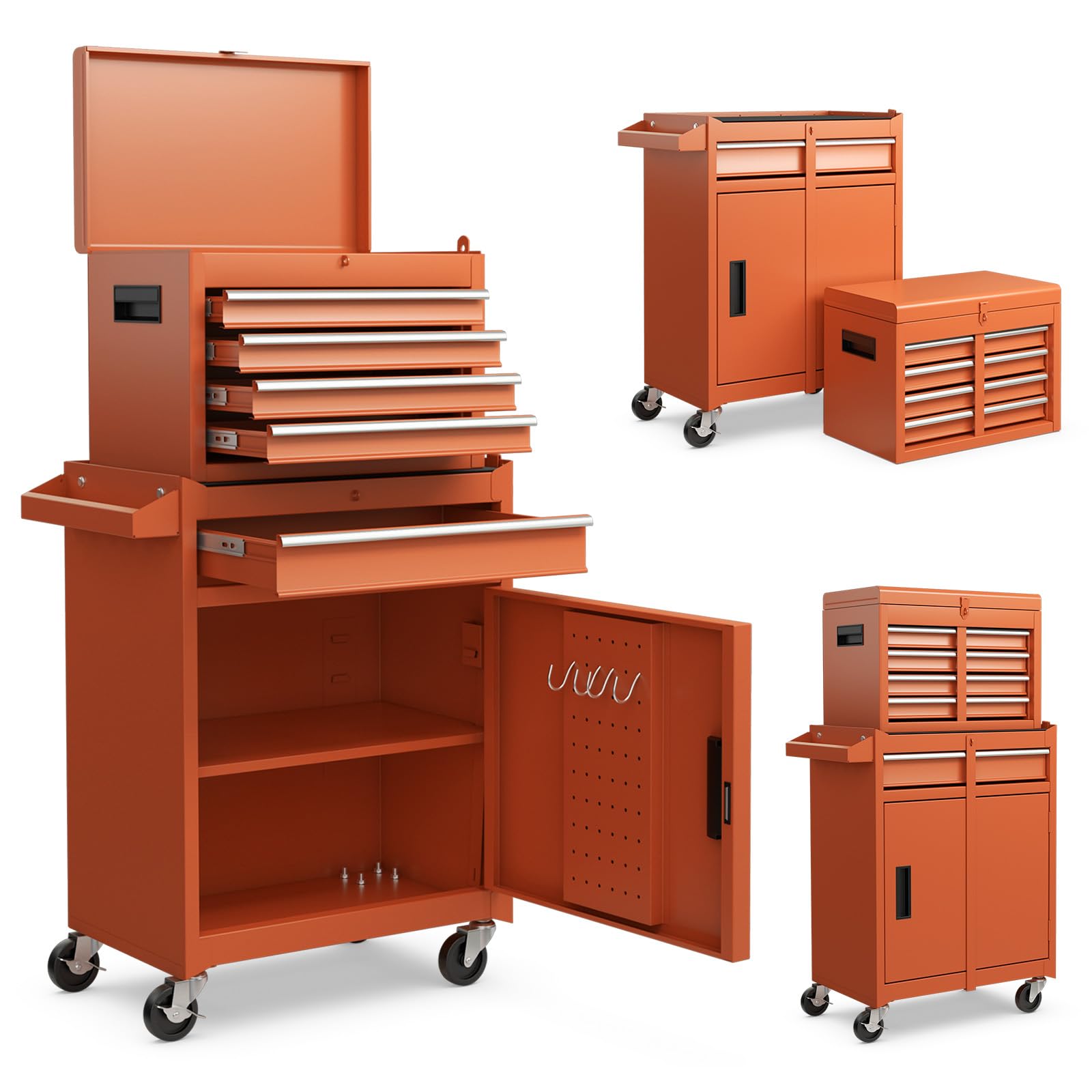 ERGOMASTER Tool Chest Heavy Duty Rolling Tool Box with Cabinet 5-Drawer for Lockable & Removable Cabinet for Garage and Workshop - Orange