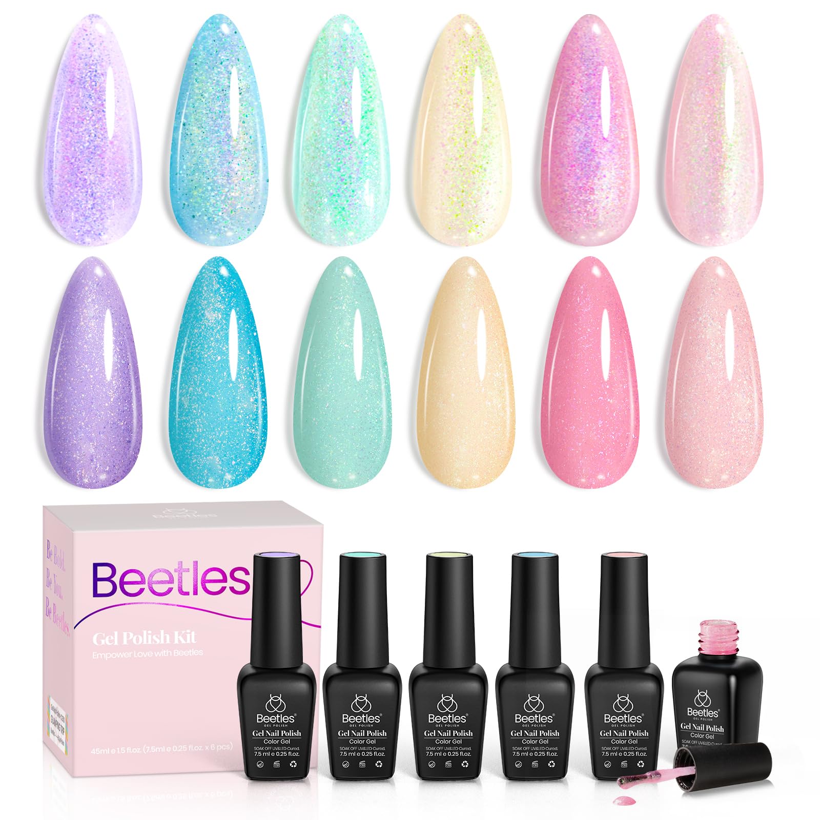 Beetles Glitter Gel Nail Polish Set โ 6 Colors Soak Off UV LED Sparkle Gel Polish Kit, Purple Yellow Green Red Pink Glitter Nail Gel for Nail Art, Overlay or Base DIY Manicure and Salon Use
