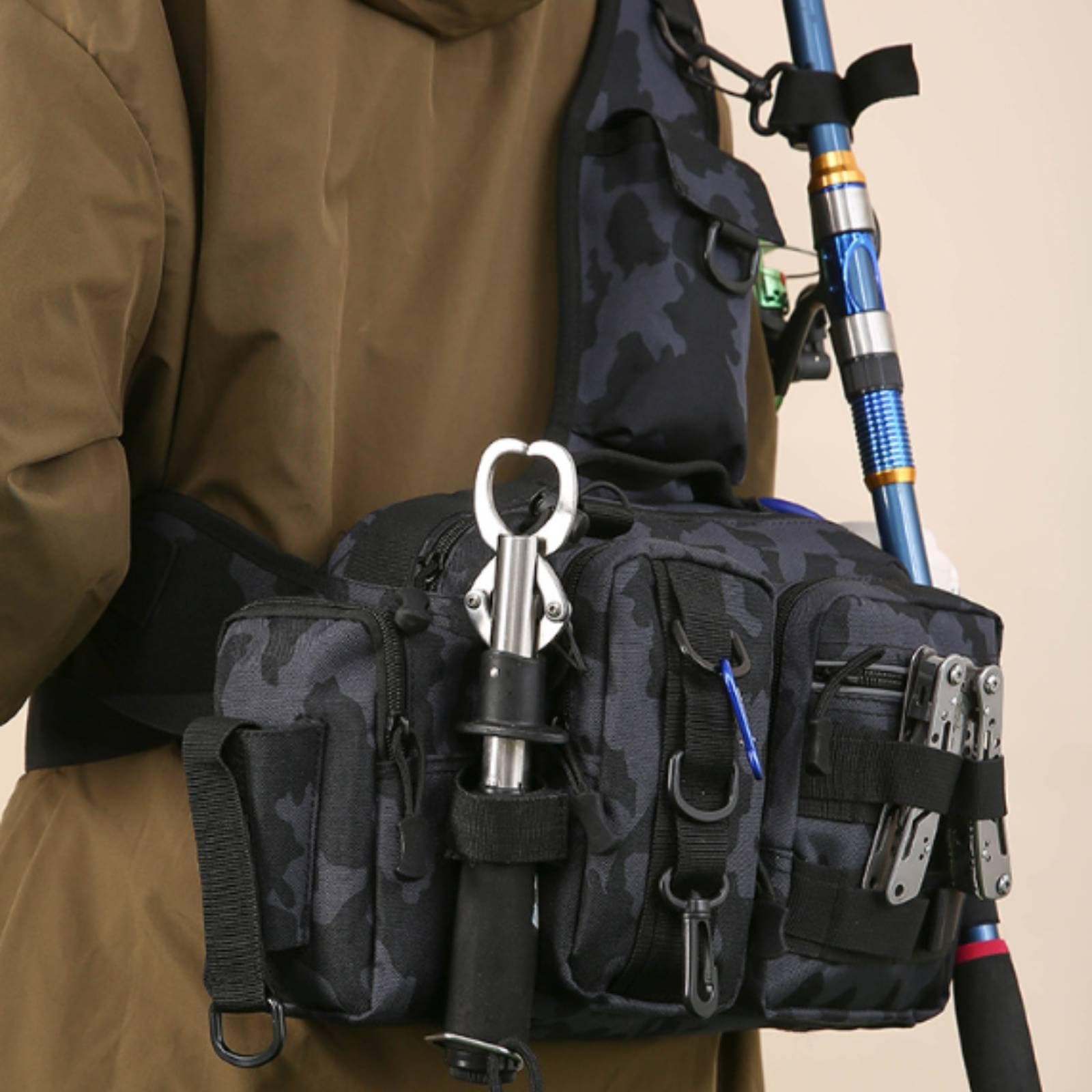Angeltasche Ködertasche Tacklebag Gürteltasche Umhängetasche Leicht Und Freihändig mit Zipperfächern Klettflächen Metall D Ringen Wasserabweisend für, Array, Schwarz