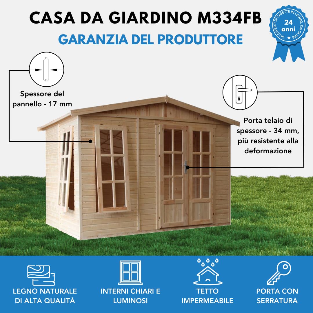 Casetta da giardino 6m2-332x222xA232 cm - Casetta in legno da giardino - Capanno in legno - Studio giardino - con tegole bituminose marrone - TIMBELA M334FB+H334FBBROWN