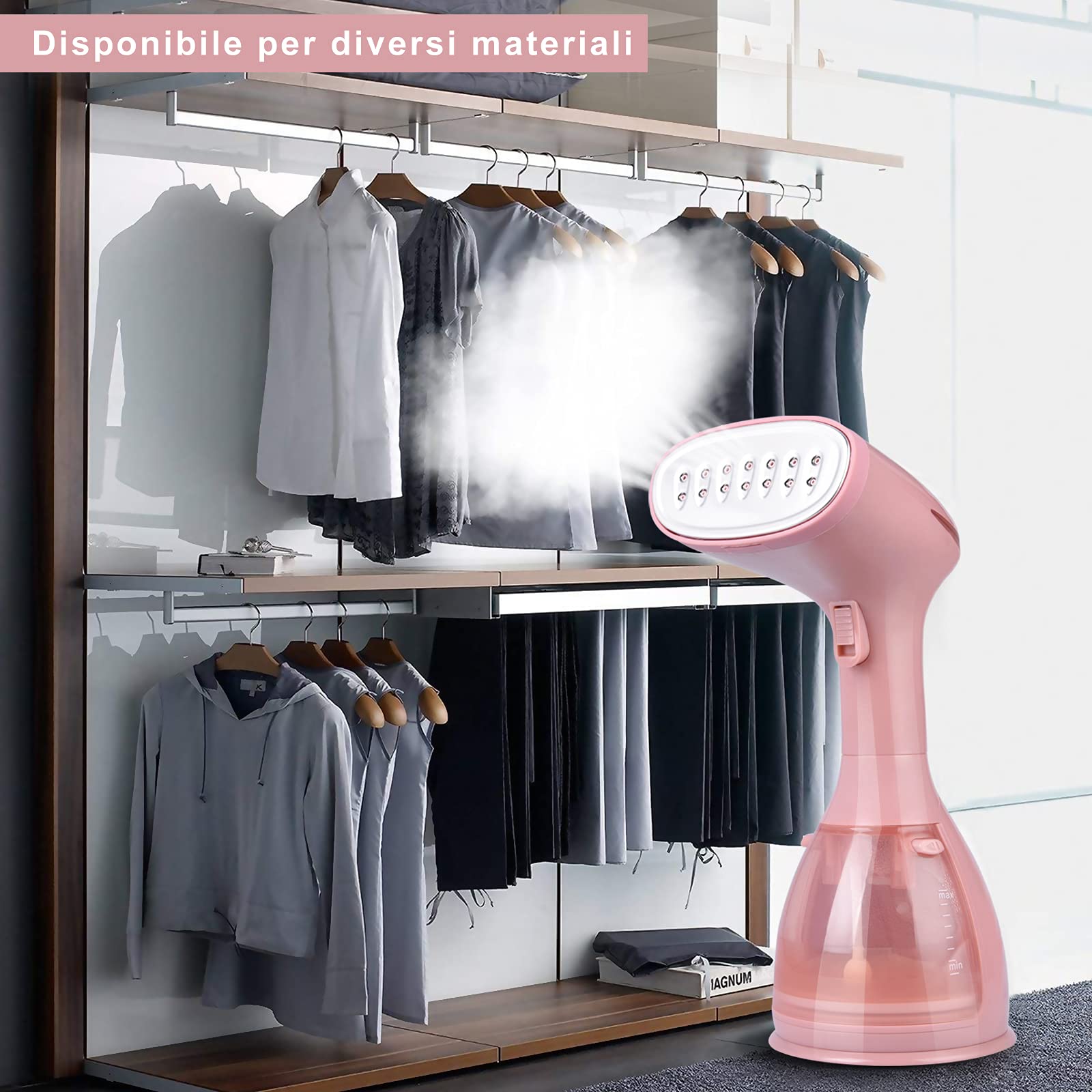 Plancha de Vapor Vertical Portátil Cadrim - Placa de Acero Inoxidable, Cepillo Pelucchi, 1500 W, 280 ml, Calienta en 20 Segundos, para Viajes y Casa (Rosa)