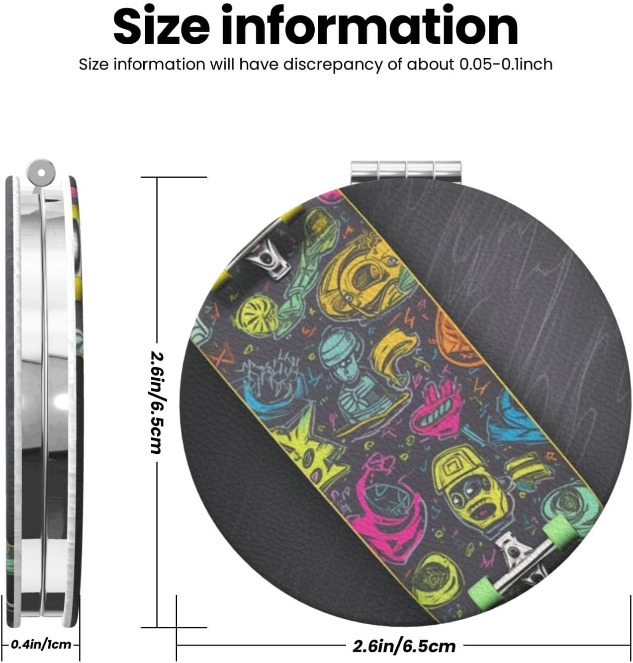 Graffiti Skateboard Compact Mirror for Purse, 1x/2x Magnifying Double-Sided Cosmetic Mirror Portable Travel Mirror for Beauty, Foldable, Handheld Vanity Mirror for Women Gift image 3