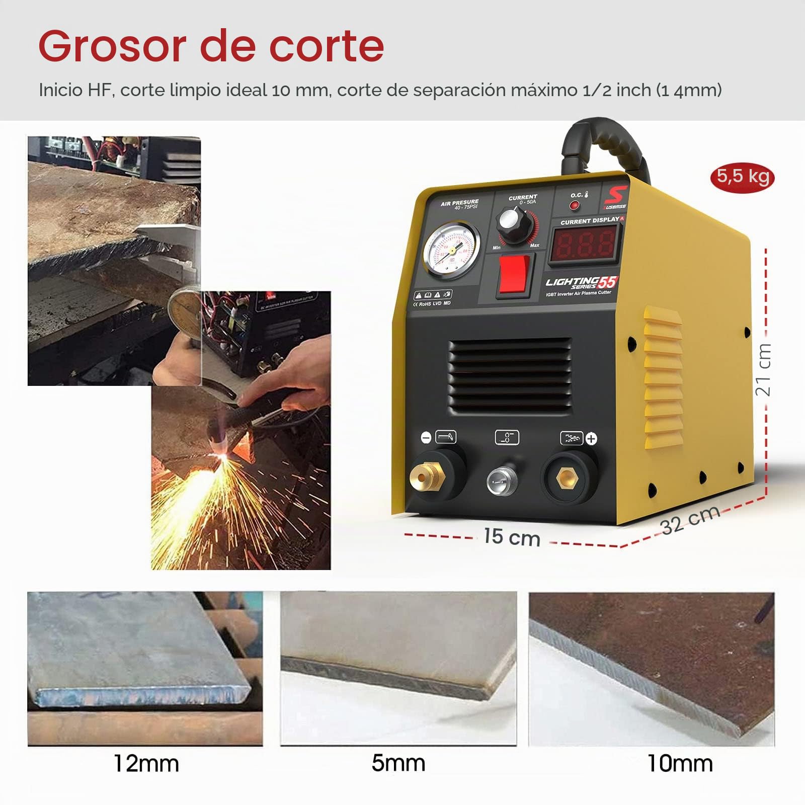 SUSEMSE Cortador de plasma de 55 amperios IGBT Inverter Plasma CUT55 Máquina de soldadura de plasma (DC, 230 V, corriente de corte 20-55 A, potencia de corte máx. hasta 14 mm)