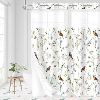 No Hook Sage Green Cute Floral Shower Curtain and Liner Set, Modern Fabric Shower Curtain with Snap in Liner, Watercolor Birds, Butterflies, Snails & Flower Design, 72 x 74 - Amazon product rated Grade B