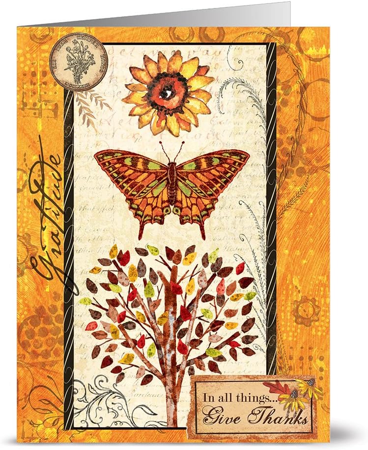 Autumn Greeting Cards 24 Pack – Gratitude Butterfly – Unique Seasonal Design – Kraft ENVELOPES Included – Blank Greeting Card – Glossy Cover Blank Inside – by Note Card Café