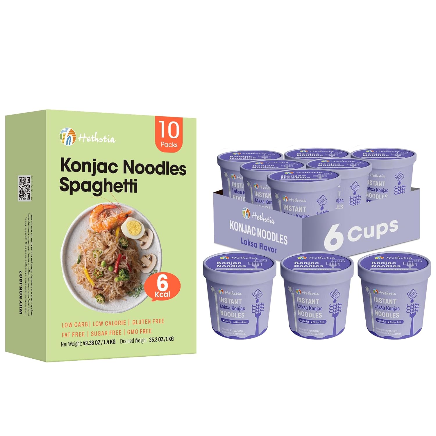 Hethstia Konjac Noodle Instant Soup Cup Laksa Flavor, 16 Pack, Low-Calorie Shirataki Noodles Spaghetti, Gluten-Free, Vegan, Keto, Sugar-Free, Fat-Free, Low-Carb Quick Healthy Asian Ramen Meal
