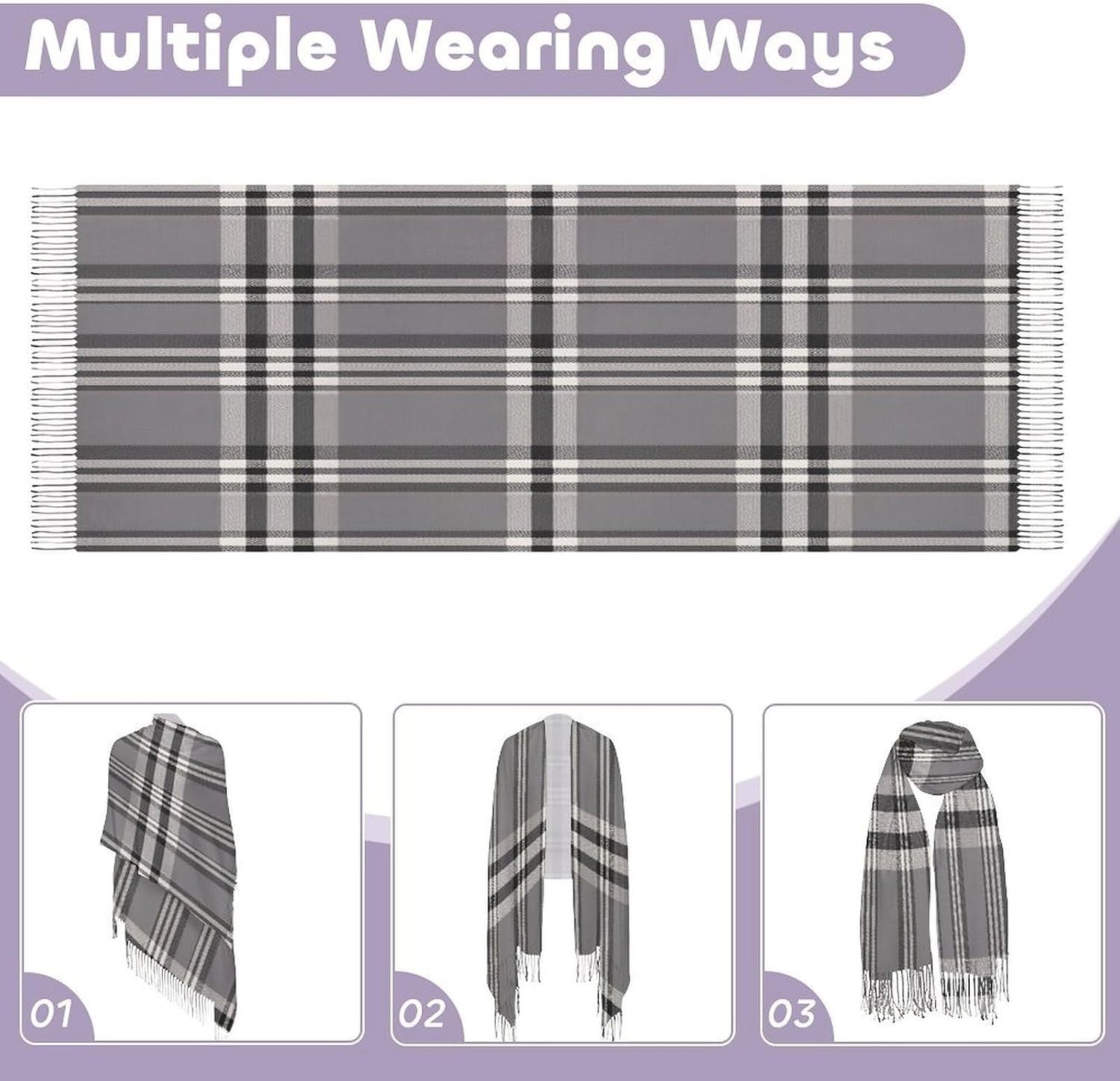 Gray Plaid Lines Scarf for Women Men Classic Fashion Blanket Scarves Soft Cashmere Feel Scarf Cold Weather Warm Long Shawl Winter Large Scarves Classic Blanket Scarfs Thick