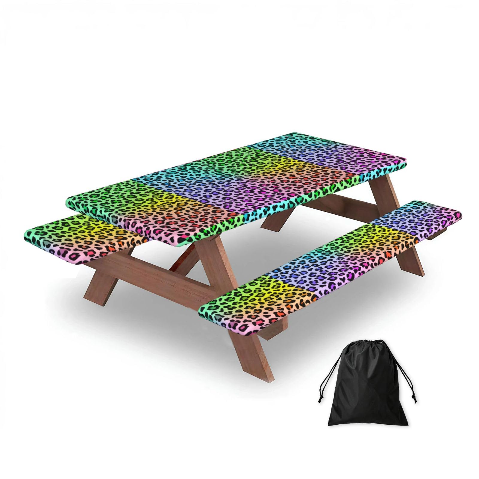 Radial Rainbow Multicolor Leopard Pattern, Picnic Table Cover With Bench Covers -Waterproof Elastic Fitted Tablecloth for Garden Camping Patio 76x152cm