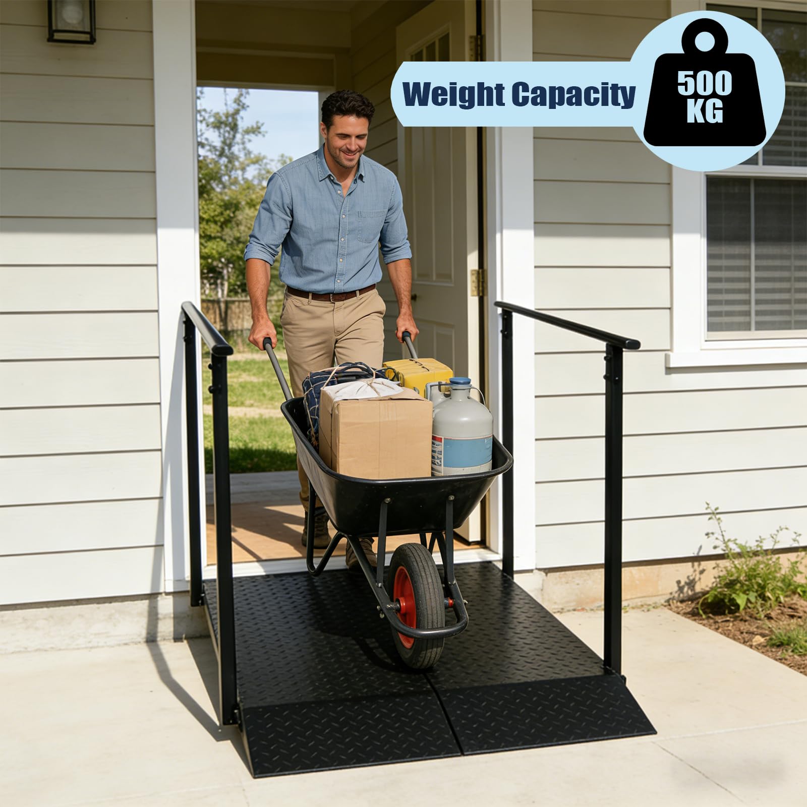 Rampa per Sedia a Rotelle con Corrimano 150 cm – Pedana Antiscivolo per Disabili e Anziani, Portata 450 kg, Ideale per Gradini, Soglie e Marciapiedi, Heavy Duty – Nero (150CM)