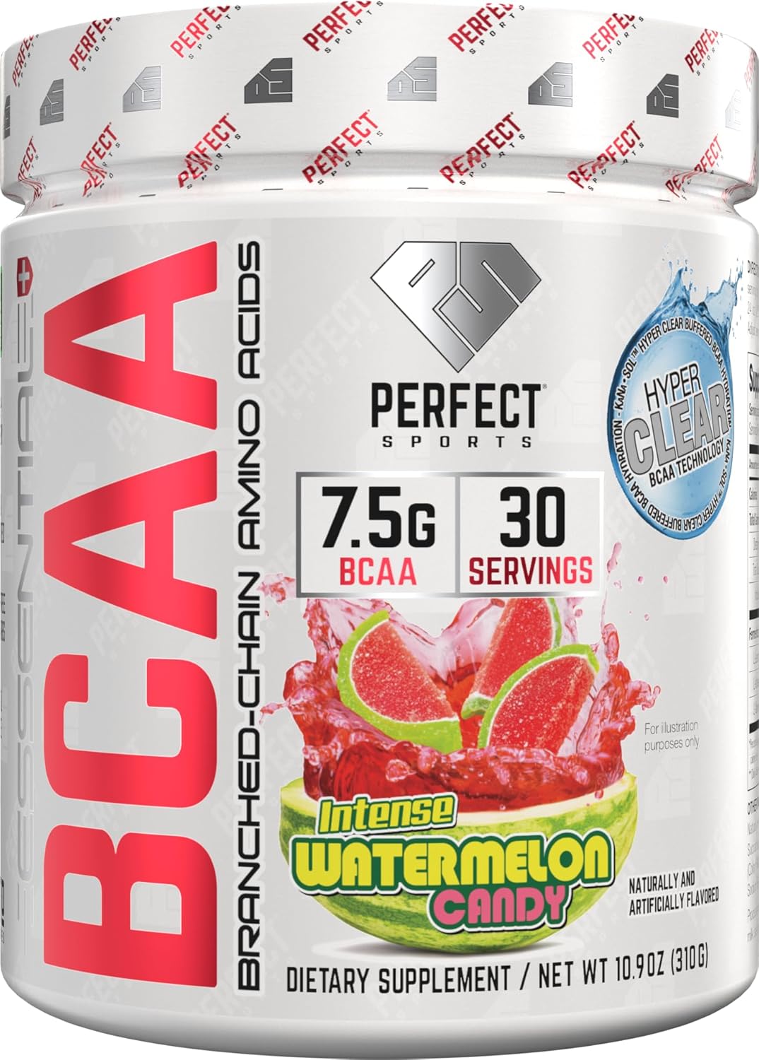 PERFECT SPORTS Essential BCAA Hyper Clear | KaNa-Sol™ Technology | 7.5g Vegan BCAAs | Zero Sugars, Carbs, or Calories | 30 Servings (Watermelon Candy)