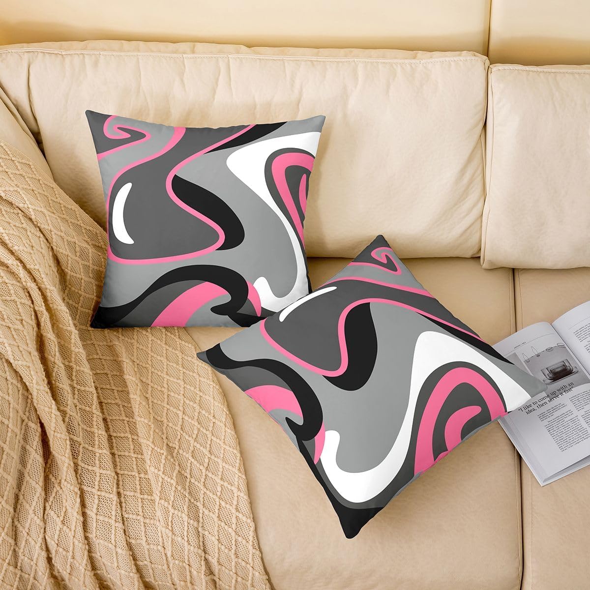 Feelyou Pack of 4 Pink Grey Stripes Decorative Throw Pillow Covers, Geometric Square Cushion Case Set for Couch Sofa Bedroom Living Room, Modern Striped Art Pillow Cases Pillowcases, 16x16 Inches