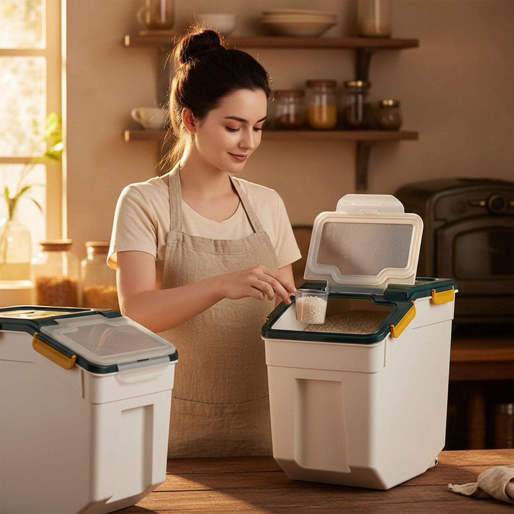 Set di 2 contenitori ermetici per farina da 20 kg con coperchio di chiusura, grande contenitore per riso e farina con ruote e misurino, dispenser per alimenti secchi senza BPA per cucina e