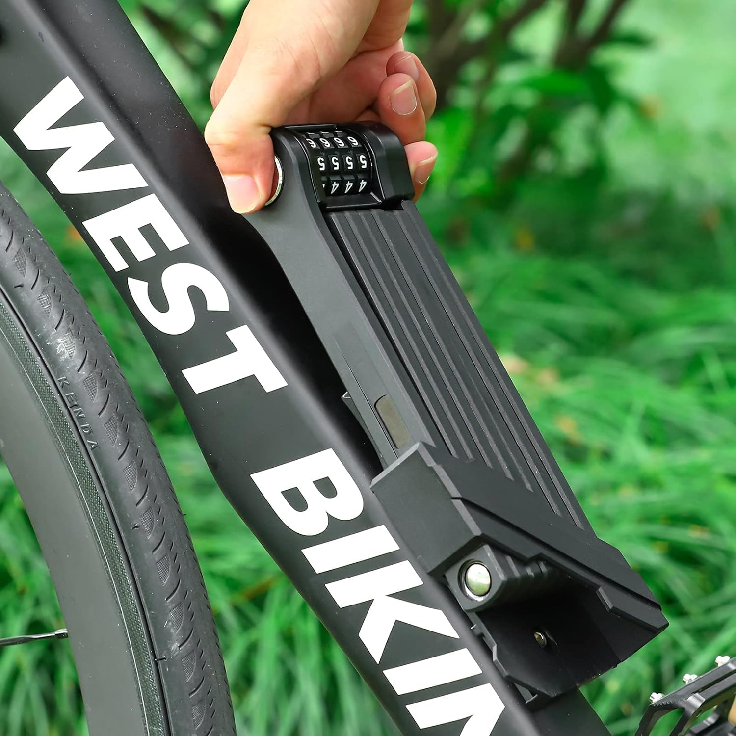 A person securing a bicycle with the West Biking folding lock, demonstrating its use