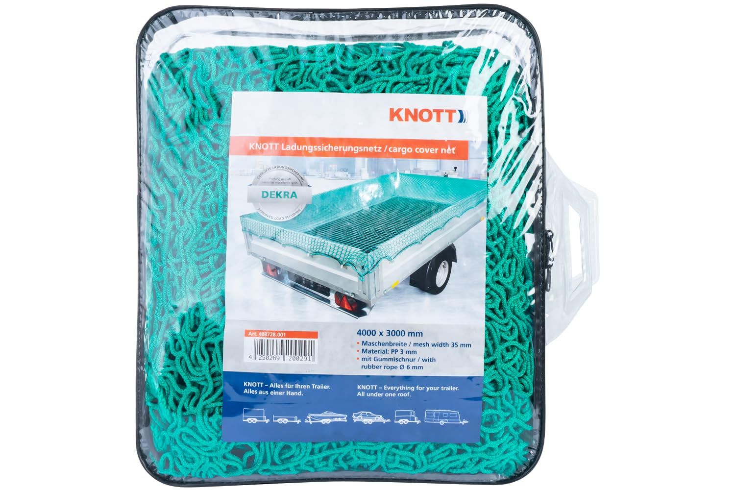 KNOTT Ladungssicherungsnetz 3000x4000 mm Anhängernetz grün für Pkw Anhänger und Pritschen zur Ladungssicherung knotenloses Schutznetz mit 6mm elastischer Randkordel für Gartenabfälle Abdecknetz
