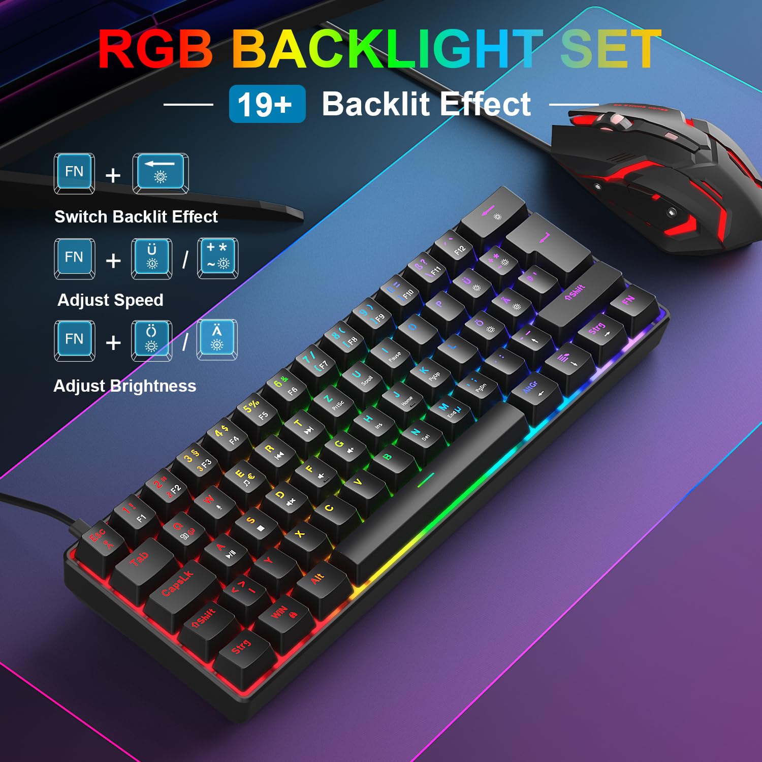 Set tastiera e mouse da gioco, 60% QWERTZ Layout Mini tastiera meccanica con illuminazione RGB, switch rossi, cavo USB-C, mouse da gioco a LED, set compatto per PC Mac Xbox PS5