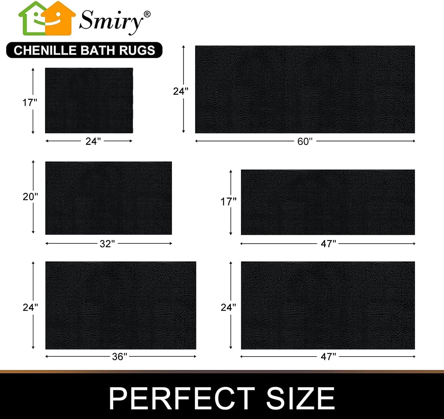 Smiry Luxury Chenille Bath Rug, Extra Soft and Absorbent Shaggy Bathroom Mat Rugs, Machine Washable, Non-Slip Plush Carpet Runner for Tub, Shower, and Bath Room(16''x24'', Black) : Home & Kitchen