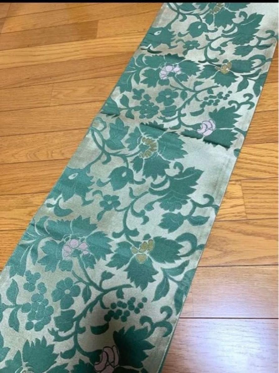 開き名古屋帯 正絹 六通 緑 蔓葡萄柄 - SMILETRAVEL.NET