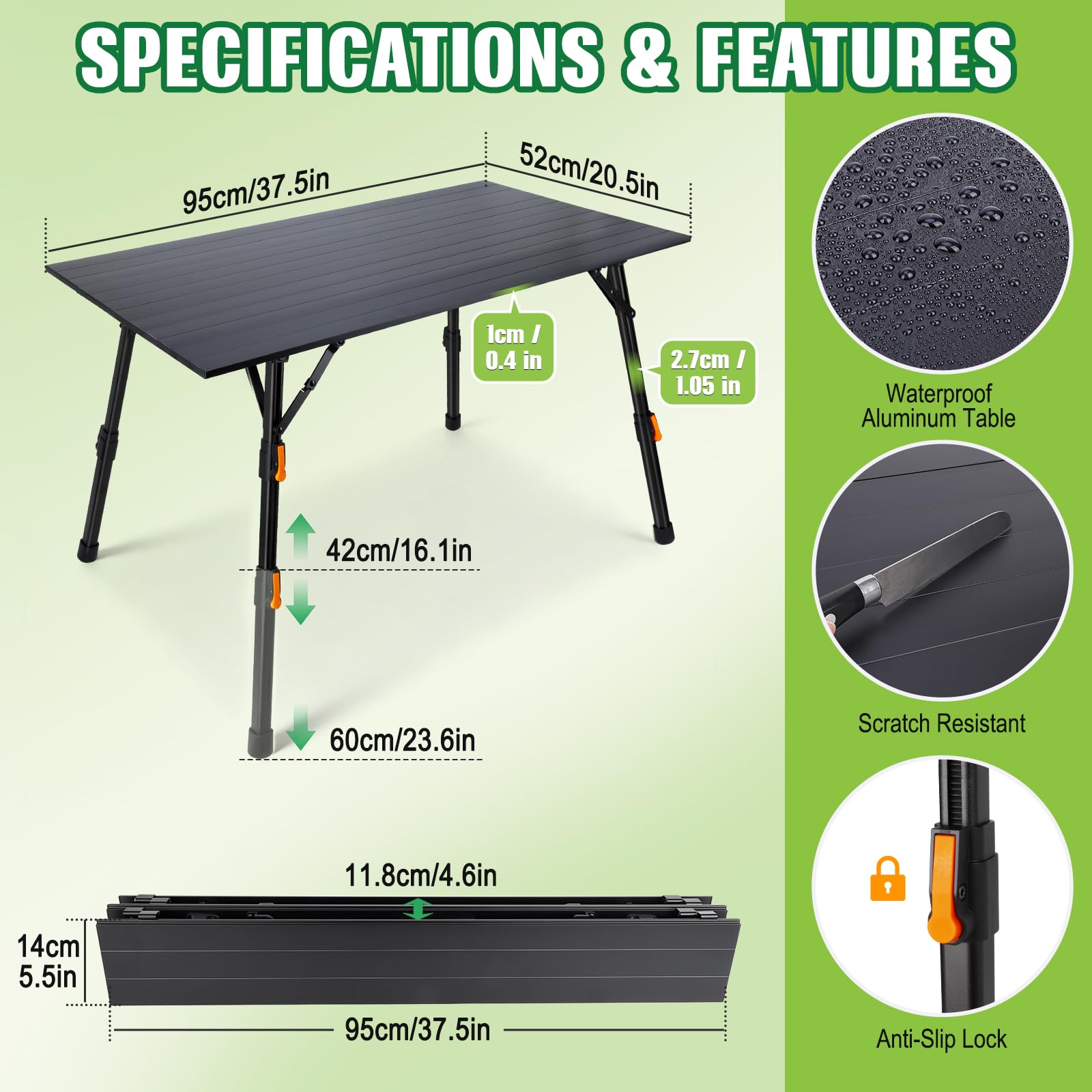 Table Pliante Exterieur Table Camping Pliante Table de Camping en Alliage d'aluminium avec Plateau sans Montage et Pieds Réglables en Hauteur à l'infini Table de Jardin 95cm*52cm