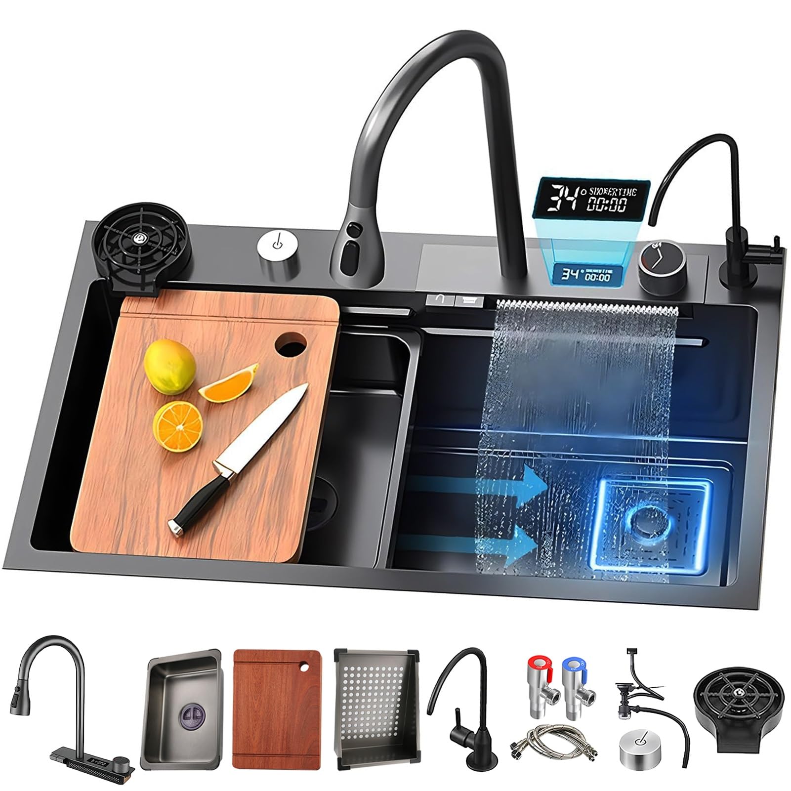 AYCDL Stainless Steel Workstation Kitchen Sink with Black Waterfall Faucet PullOut Tap Cutting Board & Full Accessories 70x50cm Single Bowl Design,Black-b-80x50cm