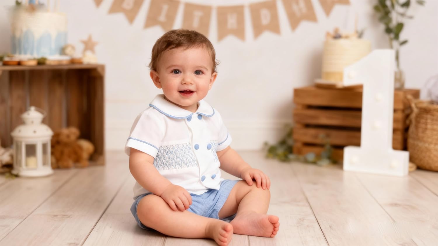 ODASDO Baby Boy Smocked Outfit Toddler Kids Short Sleeve Shirt and Shorts Set for Birthday Party Cake Smash Wedding Baptism - Image 2
