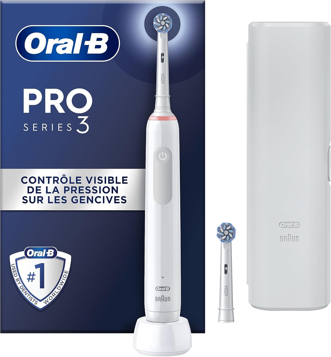 Oral-B Pro 3 3500 Brosse à Dents Électrique, 1 Étui De Voyage, 2 Brossettes, Éliminer Jusqu’à 100% de Plaque Dentaire, Blanc