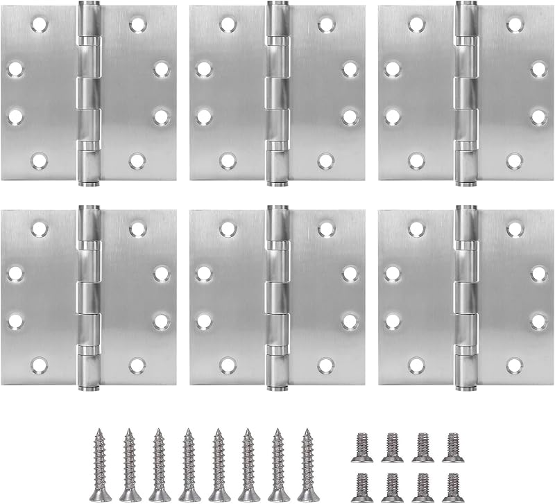 4.5" Heavy Duty Stainless Steel Door Hinge, 6 Pack 4.5 x 4.5 Inch Ball Bearing Door Hinges with Square Corners for Commercial and Residential Doors, Brushed Nickel
