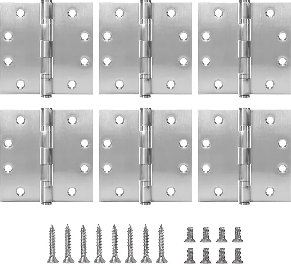 4.5" Heavy Duty Stainless Steel Door Hinge, 6 Pack 4.5 x 4.5 Inch Ball Bearing Door Hinges with Square Corners for Commercial and Residential Doors, Brushed Nickel