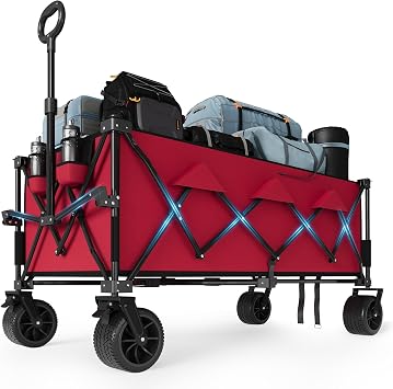 52" Foldable Wagon for Beach with 460LBS Weight Capacity, Heavy Duty 350L Extra Large Collapsible Foldable Wagon for Camping, All Terrain Beach Wagons Extended with Cup Holders for Sand