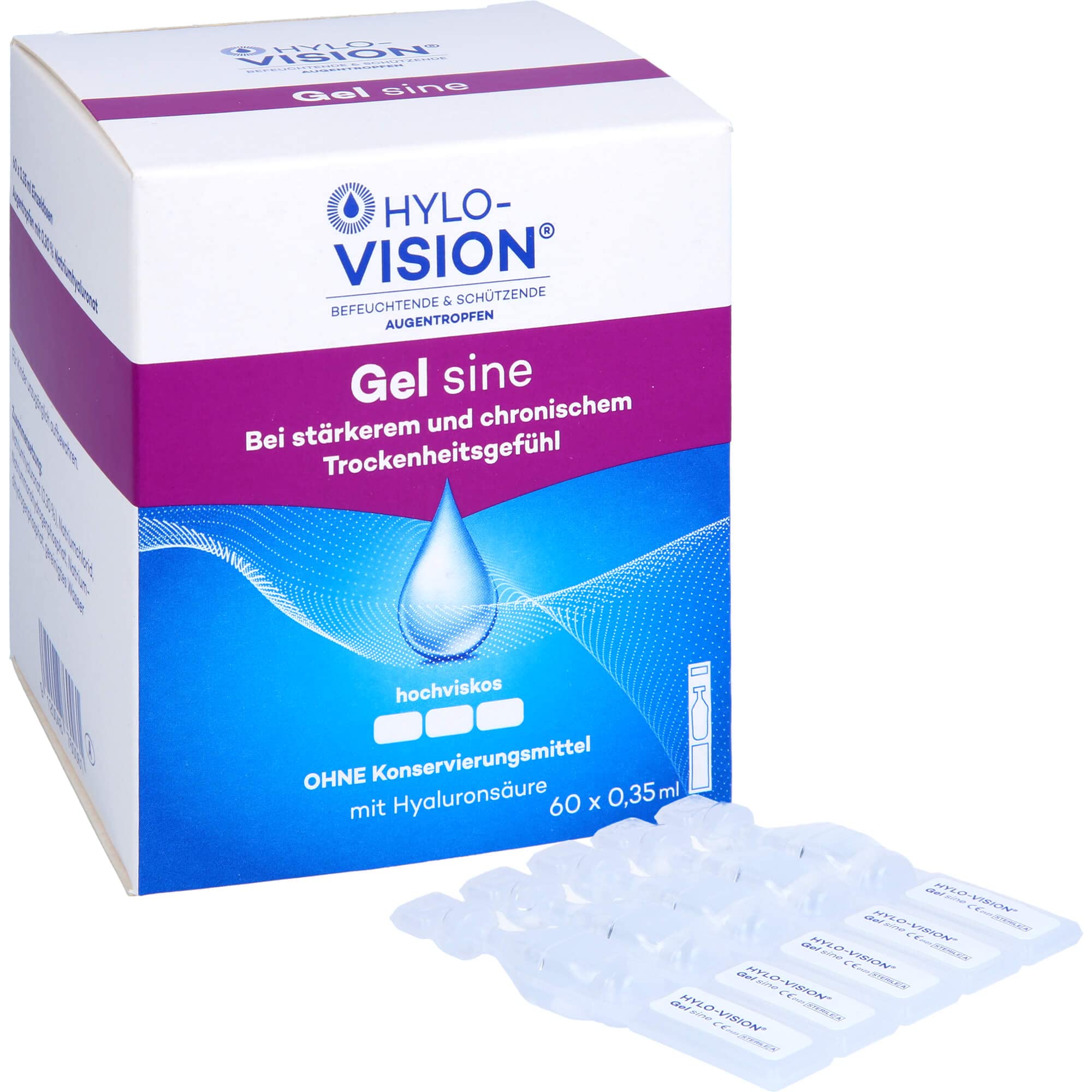 Hylo-Vision Gel sine Augentropfen – Intensive Befeuchtung bei stark & chronisch trockenen Augen, ideal für unterwegs, hochviskos, konservierungsmittelfrei, geeignet bei Kontaktlinsen, 60 x 0,35 ml