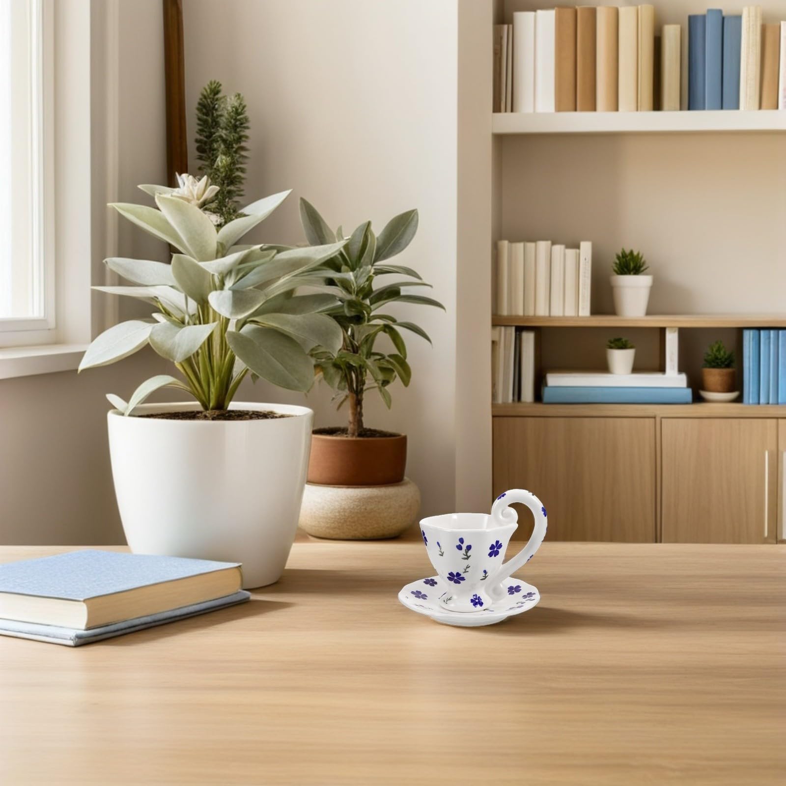 HEALLILY Juego de Taza de Café de Cerámica Azul con Diseño Floral Pintado a Mano, 6.7oz, Cómodo y Práctico para Desayuno en Casa u Oficina