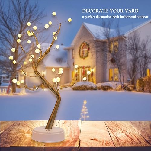 Miniatura 5 de Lxcom Lighting Luz de árbol bonsái de mesa con temporizador, 36 perlas LED de alambre de cobre dorado, árbol de mesa LED bonsái, enchufe USB