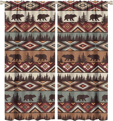 SHElifestyle Cortinas aztecas tribales con diseño de oso, rústico de abeto, cabaña de abeto, campestre, camping, tratamiento de ventana, retro,