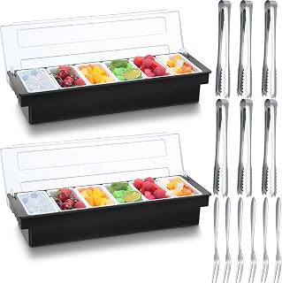 Gandeer 2-Pack Ice Cooled Garnish Trays - 6-Compartment Bar Caddy with Lids, 6 Tongs & 6 Forks for Fresh Condiments