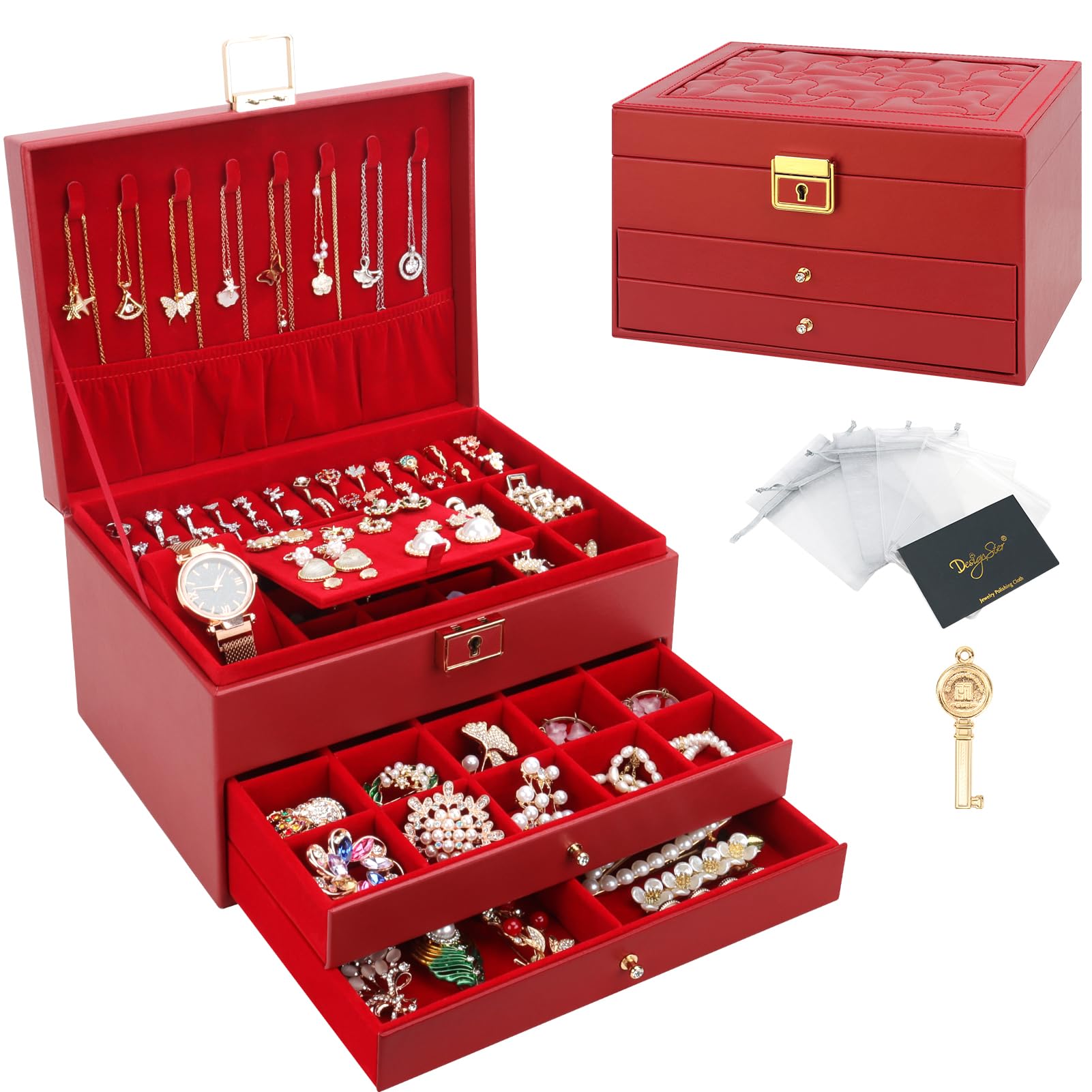 DesignSter Portagioie in pelle con serratura, 2 cassetti, 3 strati custodia per collane, orecchini, bracciali, anelli - rosso