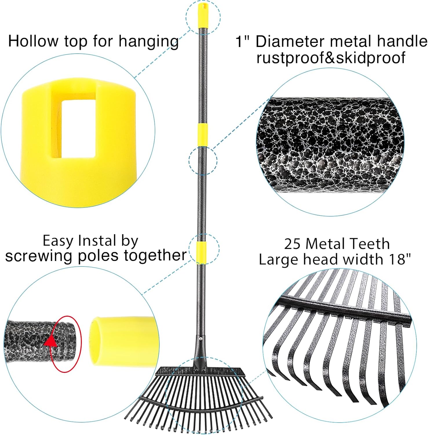 Rake for Leaves, 25 Tines 18" Wide Metal Rake with 32 Gallon Lawn and Leaf Bags & Leaf Scoops for Garden Adult Kids Lawn Shrub Yard Landscape Heavy Duty Long Handle 30-60