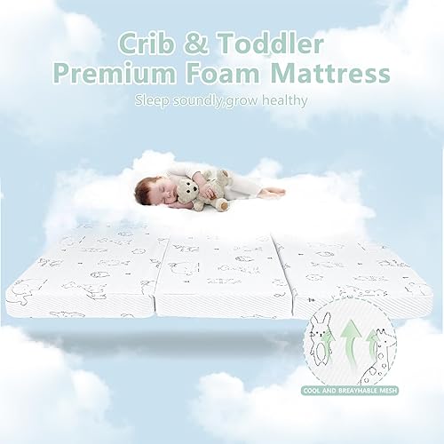 Miniatura 5 de Colchón triple Pack and Play, 38 x 26 pulgadas, colchón de espuma viscoelástica de doble cara para Pack n Play, colchones plegables portátiles con