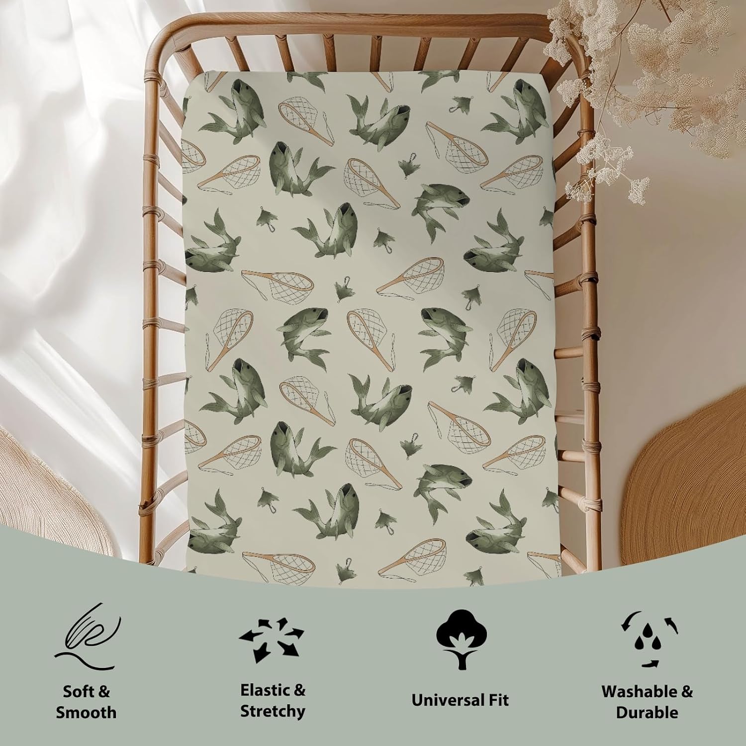 Retro Gone Fishing Baby Crib Sheets for Boy Girl 52"x28" Vintage Bass Fishes Net Lake Soft Snug Fitted Crib Mattress Cover Fishing Lovers Gift Nursery Baby Sheet for Crib & Toddler Bed Mattresses