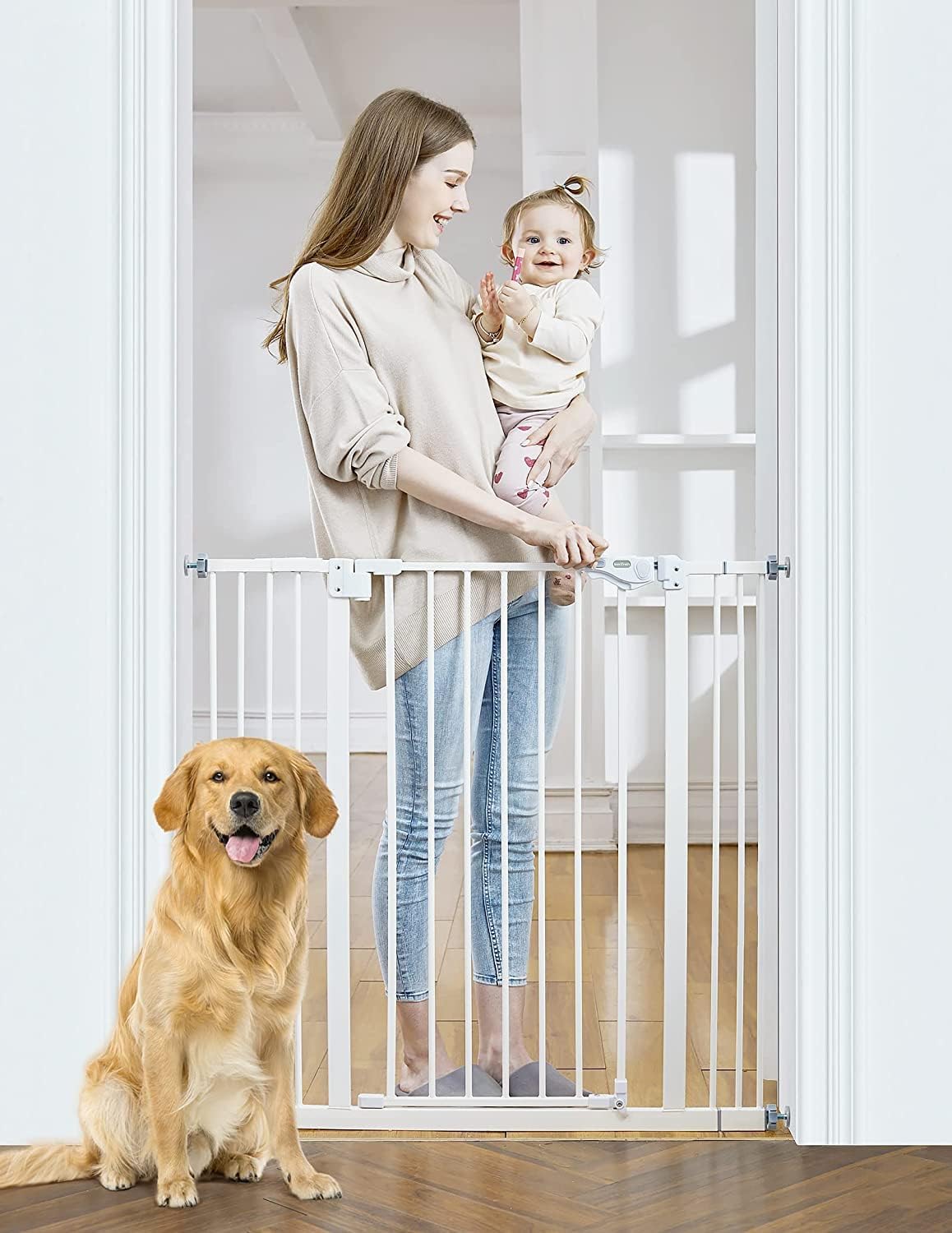 InnoTruth 29-39.6”Baby Gate for Stairs,36" Extra Tall Dog Gate for The House,Dual-Lock Safety and One Hand Opening Design,Kid Gate for Doorways,Kitchen,Room,Wall-Friendly Pressure Mounted, Pure White