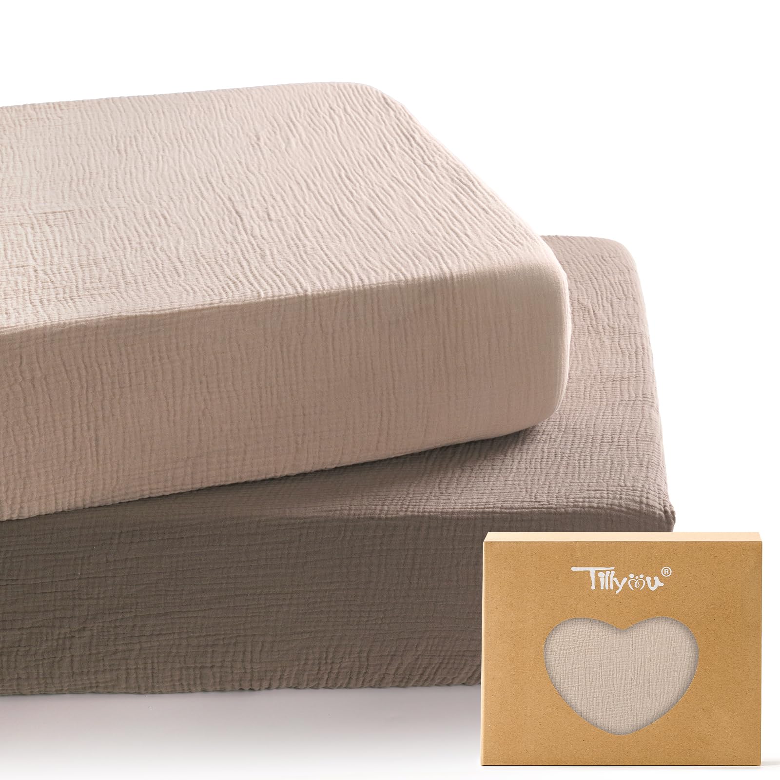 TILLYOU 2 Pack Muslin Crib Sheets for Boys and Girls, 100% Cotton Fitted Crib Sheet for Toddler 52x28 Standard Crib Mattress, Grey Brown and Light Brown