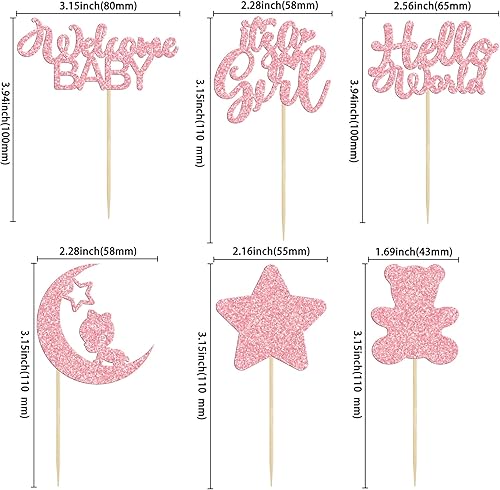 Miniatura 2 de Gyufise 24 piezas de decoración para cupcakes para bebé niña con purpurina de luna, oso estrella, Hello World, It's a Girl, baby shower, revelación