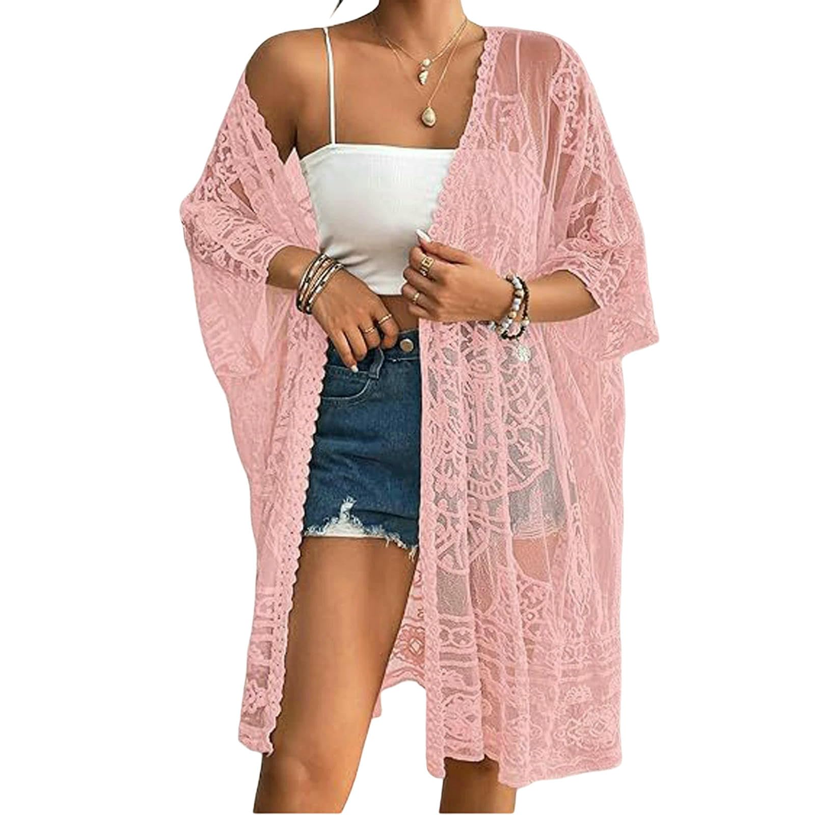 Sukienka plażowa bikini okrycie damskie koronkowe okrycie w stylu boho, sarong, spódnica 3, 4 rękawy, otwarty przód, szydełkowane, kimono, kardigan, różowy, jeden rozmiar
