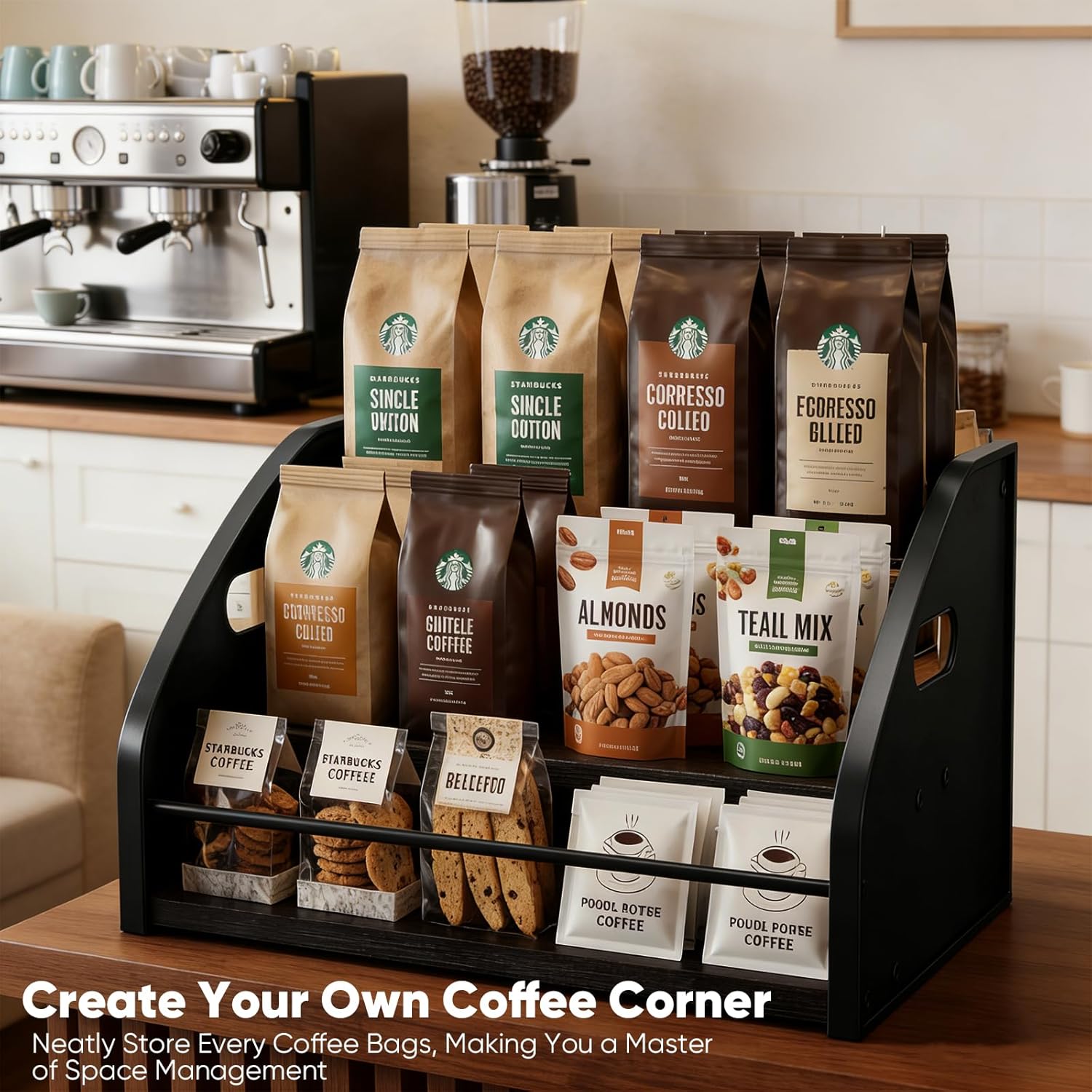 Coffee Syrup Rack- Extra Large for 15 Syrup Bottles Holder- Rustic Countertop Display Shelf for Liquor Bottles, Coffee Bar, Kitchen Cabinet- Pantry Storage for Water Bottles, Spirits & Whiskey