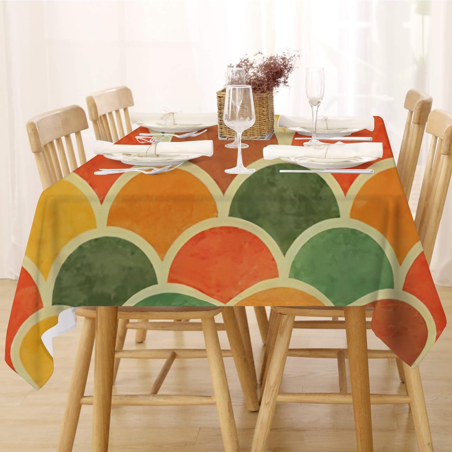 FFFASFY Orange Green Table Cloth Wipe Clean Rectangle 140x180 cm, Washable Wipeable Round Tablecloth, Waterproof Dining Table Cover for 4-6 Seater Kitchen Outdoor Indoor Party Tabletop Decoration