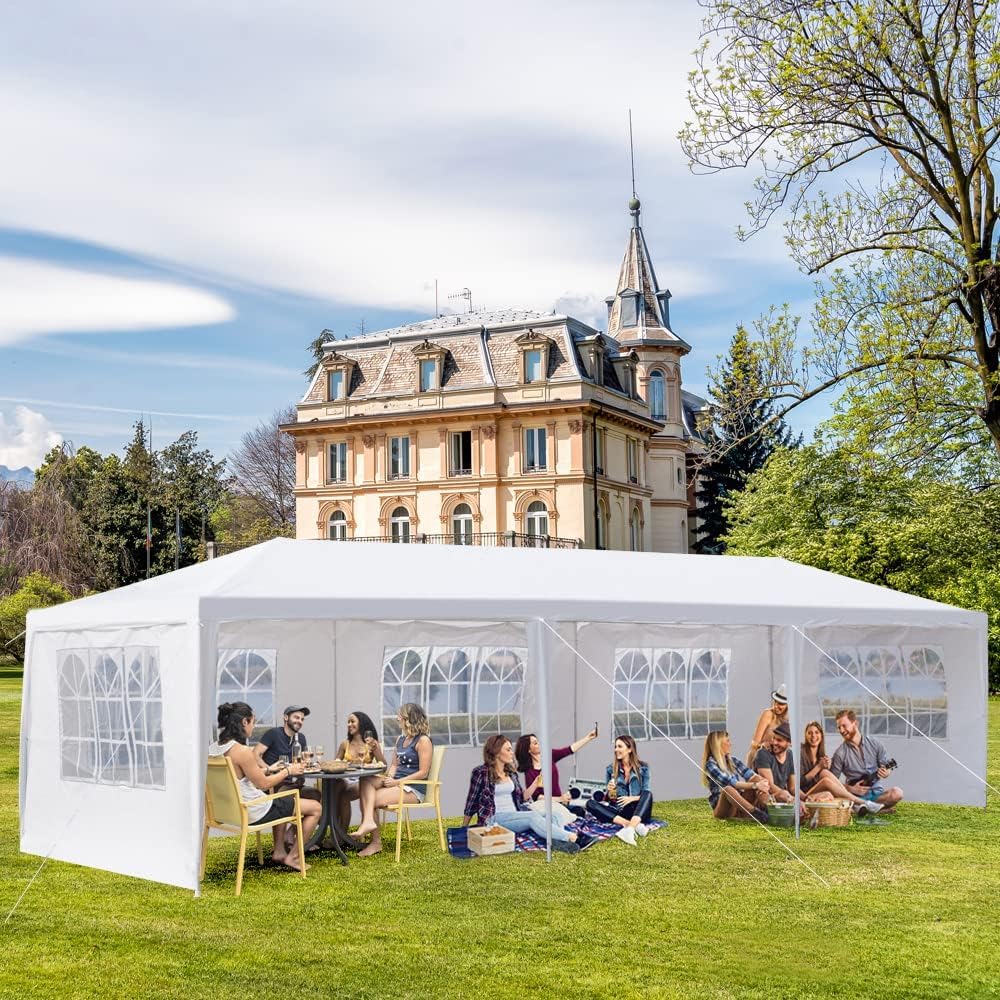 3m x 9m Large Party Gazebo, Heavy Duty Garden Marquee Outdoor Party Tent with Side walls and Windows, Large Shelter Tents for Parties, Event, Wedding White 5 Sides