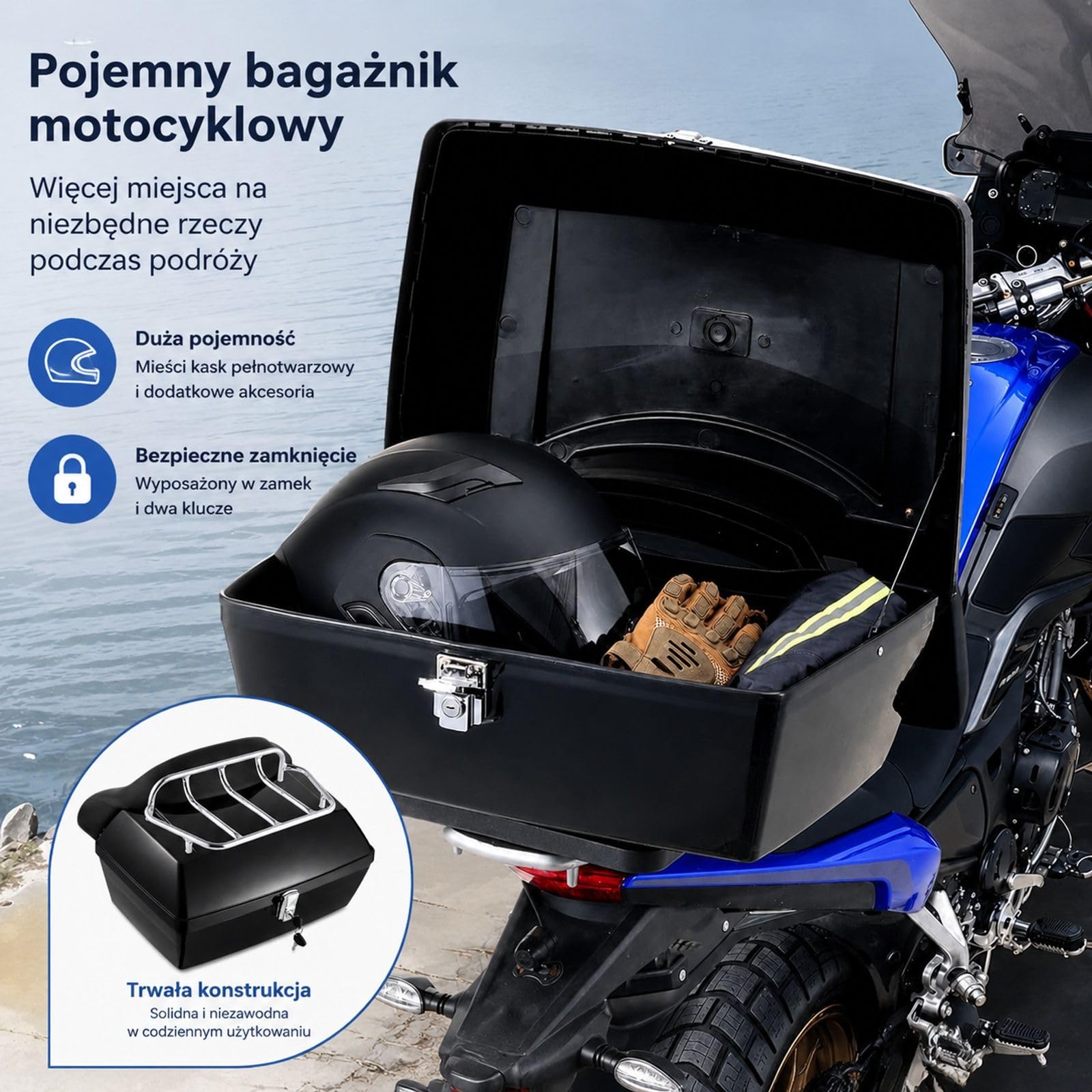 Kufer motocyklowy 48L, uniwersalna skrzynia z PP na tylny bagażnik do